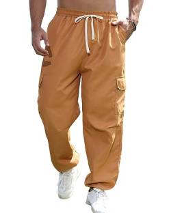 Remxi Herren Jogginghose Hosen Cargo Arbeitskleidung Latzhose Baggy Lose Klappe Taschen Kordelzug Leggings Khaki M von Remxi