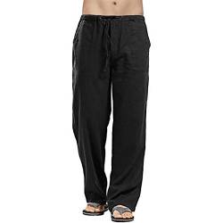 Remxi Herren Leinenhose, lockere Passform, leger, leicht, Kordelzug, elastische Taille, Jogger, Yoga, Strandhose, Schwarz , 36-41 von Remxi