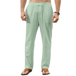 Remxi Herren Leinenhose Lang Loose Fit Freizeithose Leinen mit Kordelzug Straight Regular Fit Herrenhosen Lockere lässige Sporthose Grün L von Remxi