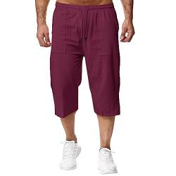 Remxi Herren-Shorts, 3/4-Leinen-Shorts, lockere Passform, Sommer, lässige Cargohose, Weinrot, 56 von Remxi