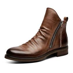 Remxi Herren Stiefel Chelsea Boots Lederstiefel Mit Doppeltem Seitlichem Reißverschluss Rutschfeste Stiefel Braun 47 EU von Remxi