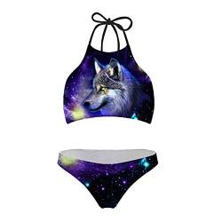 Renewold Zweiteilige Sets Bikini Sommer Badeanzug High Neck Halfter Verstellbarer Riemen Bademode Strand Badeanzüge für Frauen Teenager Mädchen für Urlaub Pool, Galaxy Wolf, M von Renewold