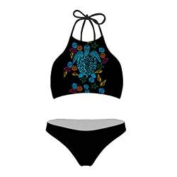 Renewold Zweiteiliges Bikini-Set; hoher Halsausschnitt, verstellbare Träger, Bademode, Strand-Badeanzüge für Frauen, Teenager, Mädchen, für Urlaub, Pool, Böhmische Hawaii-Meeresschildkröte, M von Renewold