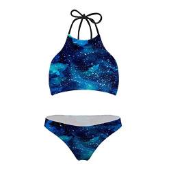 Renewold Zweiteiliges Bikini-Set; hoher Halsausschnitt, verstellbare Träger, Bademode, Strand-Badeanzüge für Frauen, Teenager, Mädchen, für Urlaub, Pool Gr. S, Galaxy Space Blau von Renewold