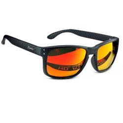 Rennec Herren Sonnenbrille Polarisiert Rechteckig Verspiegelt Orange Hochwertige Carbon Kevlar Optik Schwarz Motorsport von Rennec