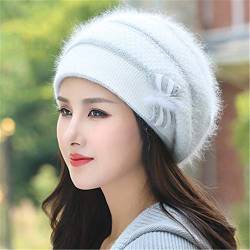 Renost Angora Beret Frauen Winter Strick Mütze Warm Flower Strass Double Layers Hut White von Renost