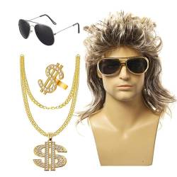 Renywosi 70er-Jahre-Perücken, 70er-80er-Disco-Perücken-Set,Set mit 4 Herrenperücken - Disco-Hippie-Perücke mit Sonnenbrillen-Halskette, Dollarzeichen-Ring für Disco-Männer-Frauen-Party von Renywosi