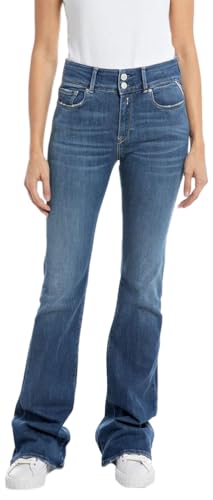Replay Damen Jeans Schlaghose Newluz Flare Flare-Fit mit Power Stretch, Blau (Medium Blue 009), 24W / 34L von Replay