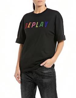 Replay Damen T-Shirt Kurzarm aus Baumwolle Logo, Black 098 (Schwarz), S von Replay