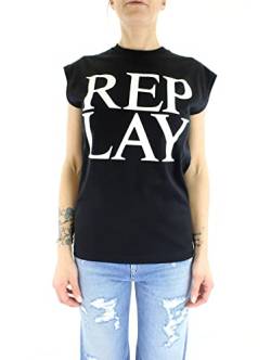 Replay Damen T-Shirt Kurzarm mit Schriftzug, Schwarz (Black 098), XL von Replay