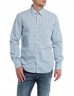 Replay Herren Hemd Langarm All Over Print, Navy/Light Blue Stripe 010 (Mehrfarbig), XXL von Replay