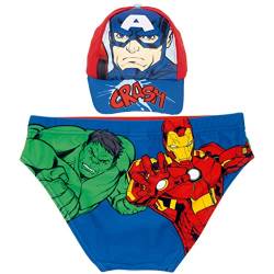 Avengers Badeanzug für Kinder + Avengers Captain America und Iron Man | Marvel Badeanzug und Kappe | Avengers Slip für Strand oder Pool + Kappe für Kinder, rot, 6 Jahre von Requeteguay Urban RU