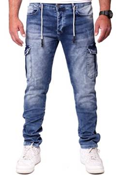 Reslad Cargohose Jeans Herren Cargo Hose - Sweathose in Jeansoptik mit Taschen l Stretch Denim Männer Jeanshose Slim Fit RS-2100 Blau W34 / L32 von Reslad