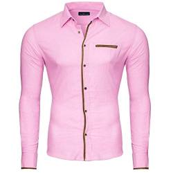 Reslad Herren Hemd Leinen-Hemd Optik Strandhemd Slim Fit leichtes Sommerhemd Langarm RS-7214B Rosa XL von Reslad