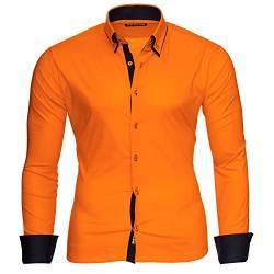 Reslad Herren Hemd Männer Hemden Slim Fit bügelfrei Freizeit Business Langarm 2 Knopf 2 Kragen RS-7050 Orange Schwarz Gr S von Reslad