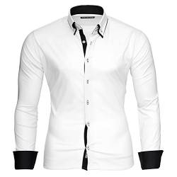 Reslad Herren Hemd Männer Hemden Slim Fit bügelfrei Freizeit Business Langarm 2 Knopf 2 Kragen RS-7050 Weiß Schwarz Gr XXL von Reslad