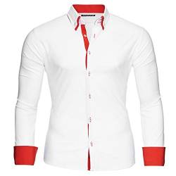 Reslad Herren Hemd Männer Hemden Slim Fit bügelfrei Freizeit Business Langarm zweifarbig 2 Knopf 2 Kragen RS-7050 Weiß Rot Gr S von Reslad
