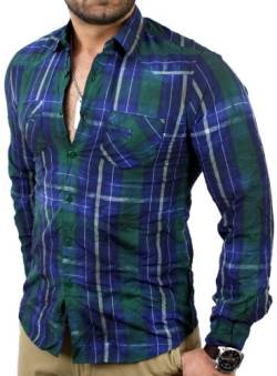 Reslad Herren Vintage Batik Style Knitter Karo Langarm Hemd RN-4054 Blau-Grün M von Reslad