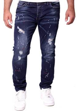 Reslad Jeans Herren Color-Splashes Stretch Denim Destroyed Jeanshose Männer-Hose Slim Fit RS-2101 Dunkelblau W33 / L32 von Reslad