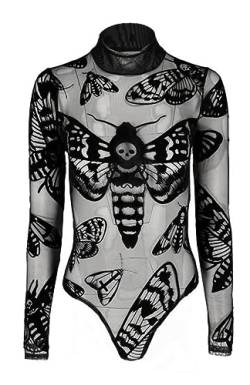 Restyle Clothing Death's Head Moth Damen Bodysuit Gotik Okkultes Hexenhaft Schwarzes Langärmeliges Top, Samt Mesh Bodysuit (L) von Restyle Clothing