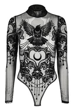 Restyle Raven Damen Body Gotische Okkulte Hexen Schwarzes Langärmeliges Top Samtweich Mesh Bodysuit mit Barockem Rabenmotiv (L) von Restyle Clothing