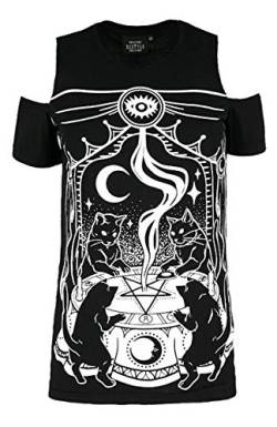 Restyle Cat Sabbath Wicca Witchcraft Cold Shoulder Top T-Shirt - (L) Black von Restyle