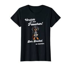 Damen Vorsicht vor dem Frauchen der Dackel ist harmlos Hund Herzen T-Shirt von Retro Pawty