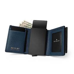 Revelot Trifold Echtleder Geldbörse / Smart Card Holder / W5, Smart-Kartenhalter, Saffiano-Leder, Mattschwarz, Small, Smart Card Holder Wallet mit magnetischem Münzfach von Revelot