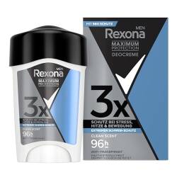 Rexona Men Maximum Protection Deo Creme Clean Scent Anti Transpirant mit 3x Schutz bei Stress, Hitze & Bewegung 96H extremer Schutz 45 ml von Rexona