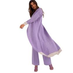 Rey's Langer violetter Damen Strickcardigan aus Wolle mit Langen Ärmeln und V-Ausschnitt, durchbrochener Damen Cardigan - Einheitsgröße von Rey's