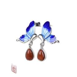 Ohrringe for Frauen, Ohrringe, Retro-weiblicher gebrannter blauer Schmetterling mit Wassertropfen auf rotem Achat-Charm, ethnischer Stil, elegantes Temperament, chinesisches altes Handwerksgeschenk von RiJpex