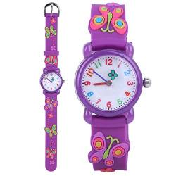 Kinderuhr, Wasserdichte Armbanduhr mit Edelstahlschnalle, Uhr mit Cartoon-Muster Als Geschenk für Kinder(Schmetterling lila) von RiToEasysports