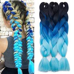 Haarverlängerung 60cm Crochet Braids Two Tone Ombre Braiding Haar Synthetik Braid 3 Pcs /300g - dunkelschwarz bis dunkelblau bis himmelblau von Rich Choices