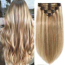 Rich Choices Clip in Extensions Echthaar Hair Extensions Natürliche Echthaar Dick Weft Double Wefts 8 Tressen 18 Clips Glatt 35cm-120g #12/613 Hellbraun/Hell-Lichtblond von Rich Choices