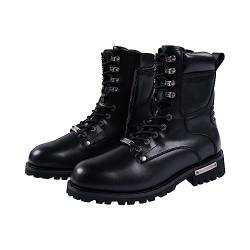 Herren Motorradstiefel Zum Reiten PU Leder Kampfstiefel Für Männer Wasserdicht Biker Stiefel mit Schnürung Seitlicher Reißverschluss, Schwarz, 44.5 EU von RiderVibe