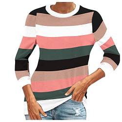 Rifuli Langarm Streifenhemd Für Damen Lässiges Gestreift Pullover Rundhals T-Shirt Soft Weiche Leichte Hemden Basic Tops(Wassermelonenrot, 34) von Rifuli