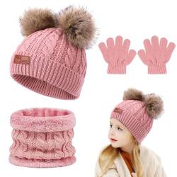 Riisoyu Kinder Wintermütze Schal Handschuhe Set, 3 in 1 Mädchen Winter Beanie Hut Schal Handschuhe Strickmütze Babymütze Kinder Mütze Warme Doppel Pompon Strickmützen Set für Kinder 2-6 Jahre, Rosa von Riisoyu