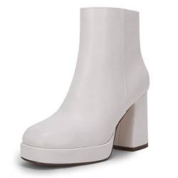 Plateau-Stiefel für Damen, klobige High Heels, Stiefeletten, quadratische Zehenpartie, seitlicher Reißverschluss, Punk-Stiefel, Weiss/opulenter Garten, 39 EU von Rilista