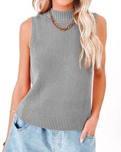 Rilista Damen Sommer Strickpullover Tank Tops Ärmellos Rollkragen Cami Shirts Gerippter Stehkragen Pullover Westen, GRAU, Groß von Rilista