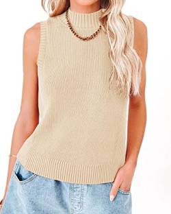 Rilista Frauen Sommer Strick Tank Tops Ärmellos Rollkragen Cami Shirts Gerippt Mock Neck Pullover Pullover Westen, Beige, Mittel von Rilista