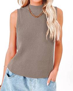 Rilista Frauen Sommer Strick Tank Tops Ärmellos Rollkragen Cami Shirts Gerippt Mock Neck Pullover Pullover Westen, Khaki, Klein von Rilista