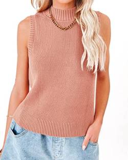 Rilista Frauen Sommer Strick Tank Tops Ärmellos Rollkragen Cami Shirts Gerippt Mock Neck Pullover Pullover Westen, Pink-Orange, Mittel von Rilista