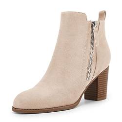 Stiefeletten für Damen, klobiger Blockabsatz, seitlicher Reißverschluss, spitze Zehenpartie, Wildleder, Herbst, Winter, Stiefelschuhe, Hautfarben, 38 EU von Rilista