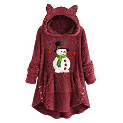 Rioge Damen Weihnachtspullover Winter Warm Fleecepullover Hoodie Pullover mit Katzenohren Christmas Schneemann Weihnachtspulli Plüschpullover Longpullover für Frauen Teenager Mädchen von Rioge