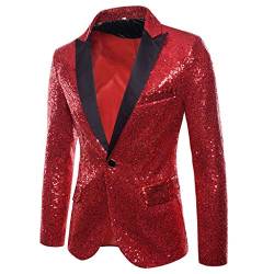 Riou Herren Pailletten Sakko Blazer Anzugjacke Slim Fit Glitzer Anzug Jacke Karneval Kostüm für Fasching Mottoparty (L, Rot) von Riou-Herrenjacke