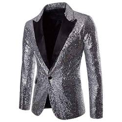 Riou Herren Pailletten Sakko Blazer Anzugjacke Slim Fit Glitzer Anzug Jacke Karneval Kostüm für Fasching Mottoparty (L, Sliver) von Riou-Herrenjacke