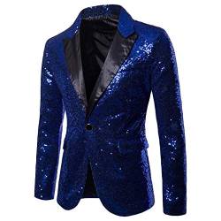 Riou Herren Pailletten Sakko Blazer Anzugjacke Slim Fit Glitzer Anzug Jacke Karneval Kostüm für Fasching Mottoparty (XL, Blau) von Riou-Herrenjacke