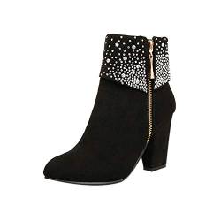 Riou Damen Strass mit Hohem Absatz Stiefeletten Runde Kappe Reißverschluss Herbst Winter Elegant Freizeit Ankle Arbeits Stiefel Winterstiefel Damenschuhe (41 EU, Schwarz) von Riou-Stiefel