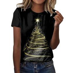 Damen Weihnachts Cartoon Drucken Oberteil Lässiges Weihnachtskleid Vintage Kostüm Langarm Tasche T-Shirt (X2-Black, L) von Risaho