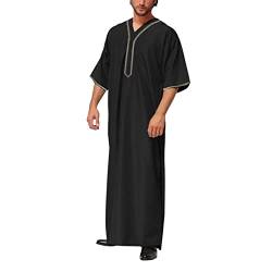 Risaho Herren Kaftan Sommer Islam Muslim Druck Robe Baumwolle Leinen Bunt Arabische Islamische Kleidung Indisch Muslimische Afrika Dubai Kaftan für Männer (W1-Black, XXXXL) von Risaho